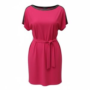 LAUREN RALPH LAUREN | Edgy Red Faux Leather Trim Belted Tunic Shift Dress | XL